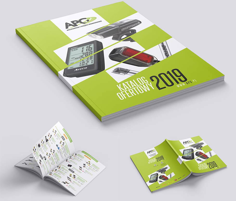 APG katalog 2019 APG to hurtownia akcesoriów rowerowych. Na potrzeby targów tworzyliśmy katalogi produktowe, ten prezentowany był 73-stronicowy. Projekt i druk po naszej stronie.