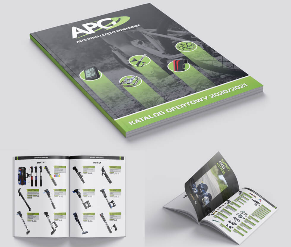 APG katalog 2020 APG to hurtownia akcesoriów rowerowych. Na potrzeby targów tworzyliśmy katalogi produktowe, ten prezentowany był 83-stronicowy. Projekt i druk po naszej stronie.