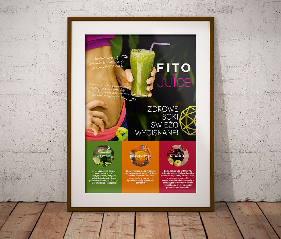 Fitosfera Projekt plakatu przygotowany dla Fitosfery i specjalnej serii soków wypuszczonej przez klub fitness.