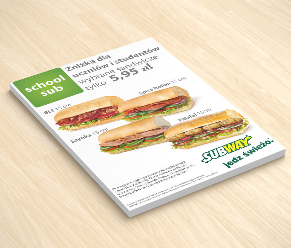 Subway Ulotka przygotowana dla sieci restauracji Subway – oferta szkolna.