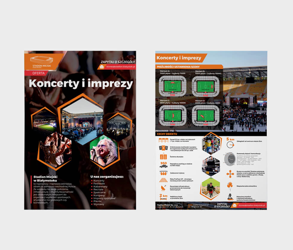 Stadion Miejski w Białymstoku Ulotka prezentująca ofertę organizacyjną koncertów i imprez na Stadionie Miejskim w Białymstoku. Projektowany i drukowany przez nas.