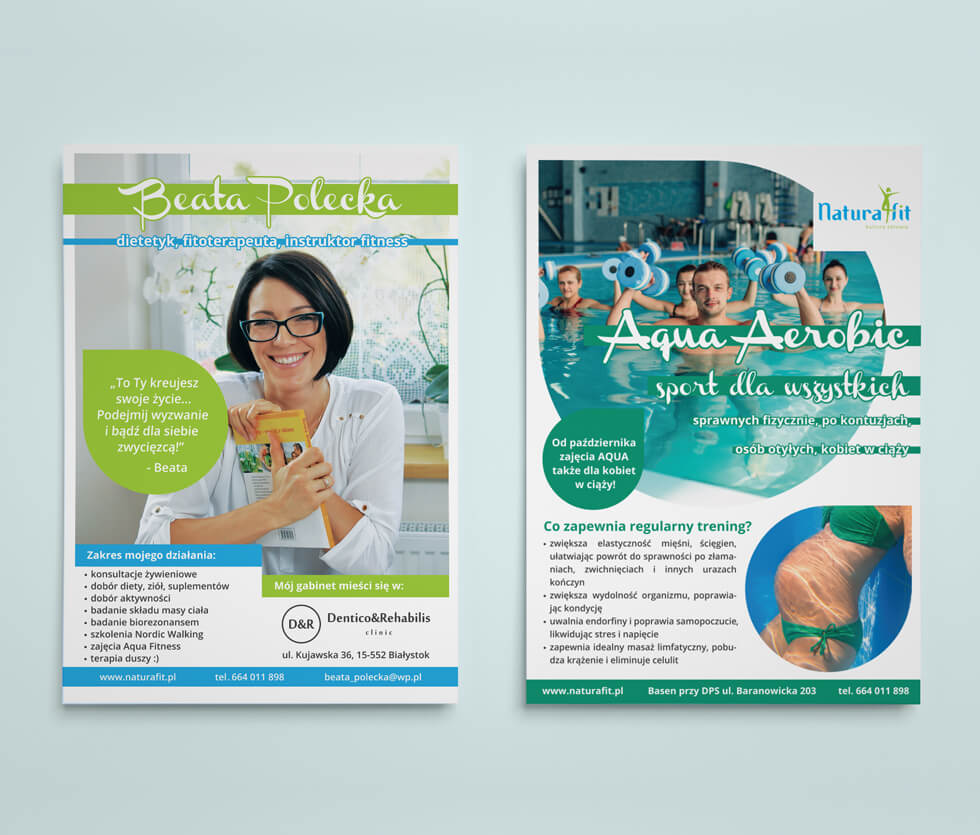 Beata Polecka: dietetyk, fitoterapeuta, instruktor fitness Jedna z ulotek projektowana dla Beaty Poleckiej, dietetyka, fitoterapeuty, instruktora fitness.
