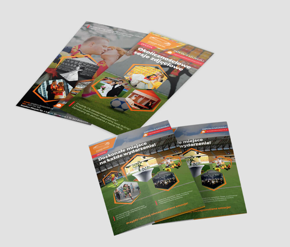 Stadion Miejski w Białymstoku Ulotka prezentująca ofertę organizacyjną wydarzeń nietypowych na Stadionie Miejskim w Białymstoku. Projektowany i drukowany przez nas.