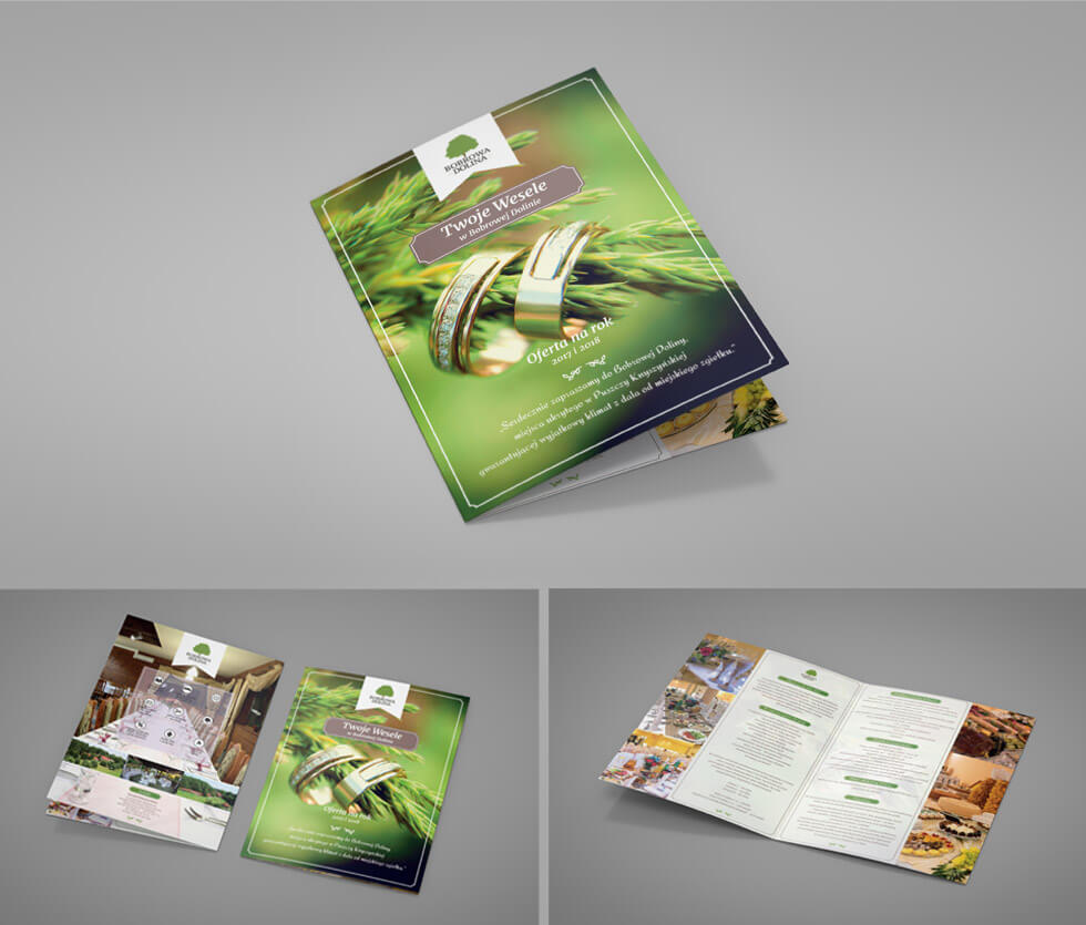 Bobrowa Dolina Folder prezentujący ofertę weselną hotelu Bobrowa Dolina. Projektowany i drukowany przez nas.