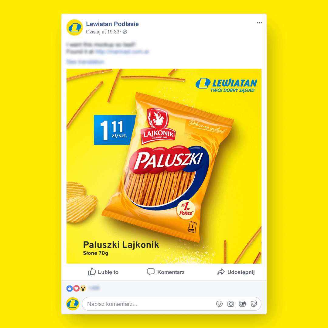 Grafika przedstawia kampanie social media dla grupy Lewiatan. Tu widzimy paluszki słone Lajkonik.