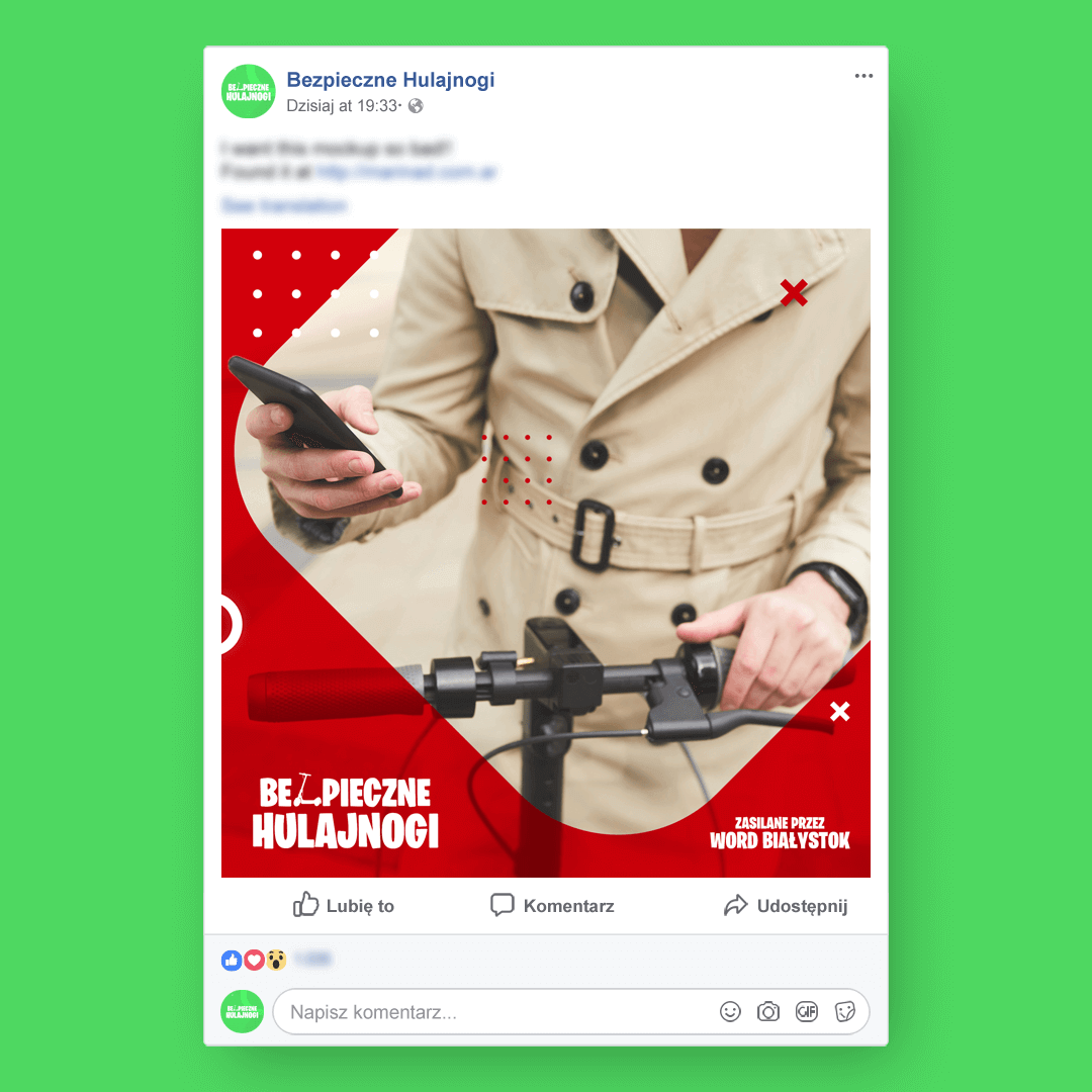 Grafika przedstawia kampanie social media dla Bezpieczne Hulajnogi.