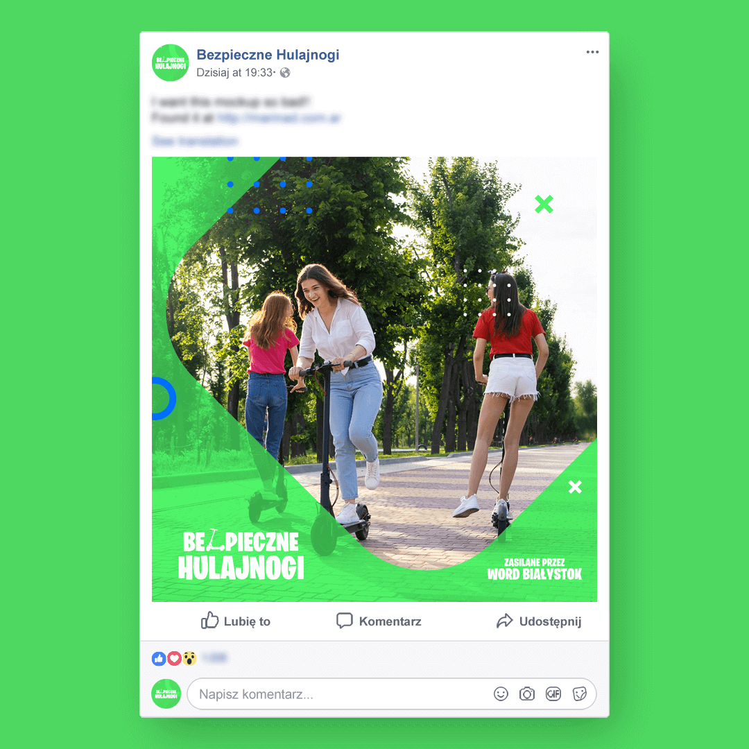 Grafika przedstawia kampanie social media dla Bezpieczne Hulajnogi.