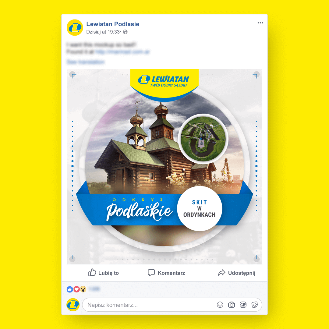 Grafika przedstawia kampanie social media dla grupy Lewiatan. W tle widzimy klimatyczną drewnianą cerkiew