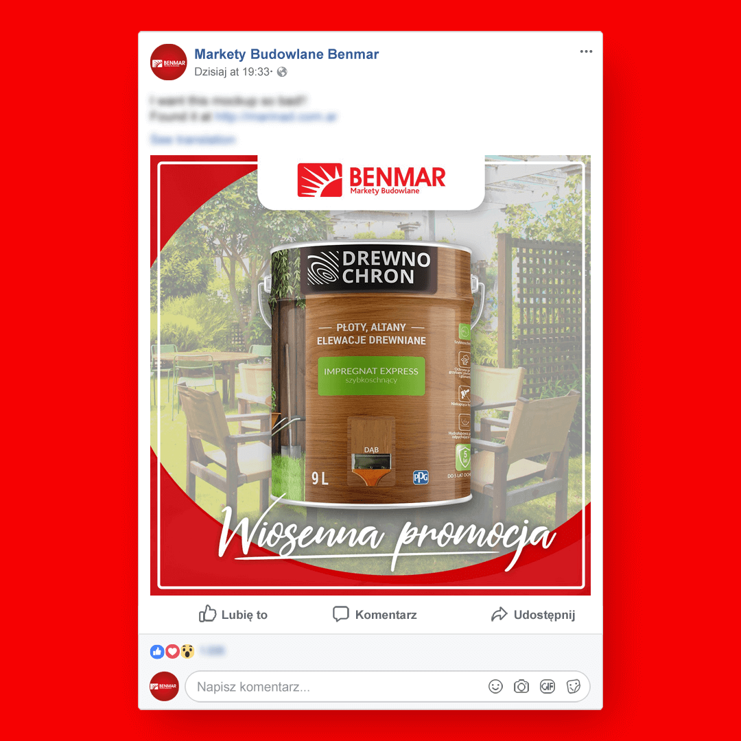 Grafika przedstawia kampanie social media dla Marketów Budowlanych Benmar