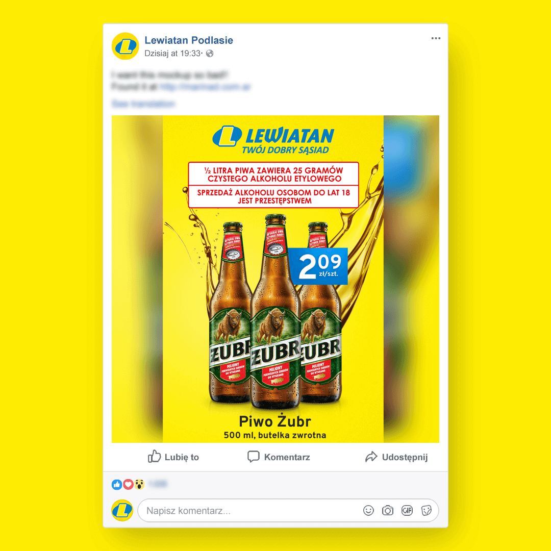 Grafika przedstawia kampanie social media dla grupy Lewiatan. Tu widzimy piwo Żubr