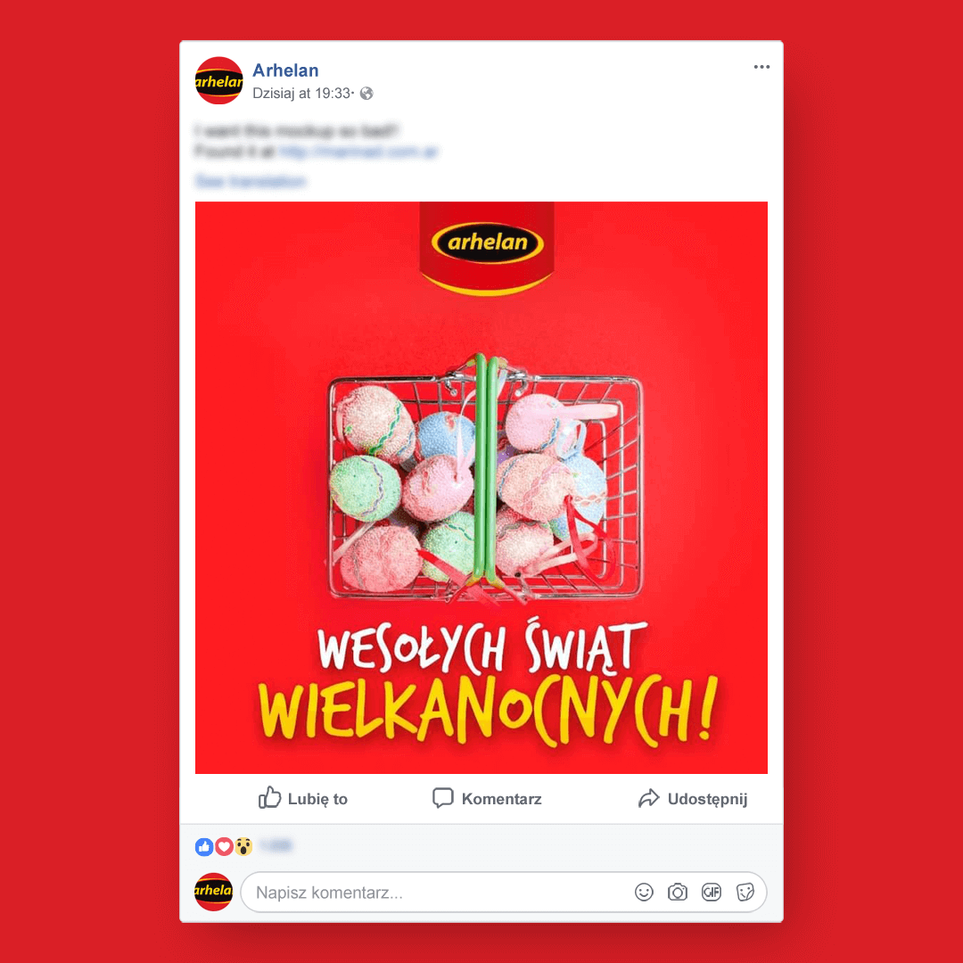 Grafika przedstawia kampanie social media dla Arhelan. Tu widzimy druciany koszyk zakupowy a w nim pisanki